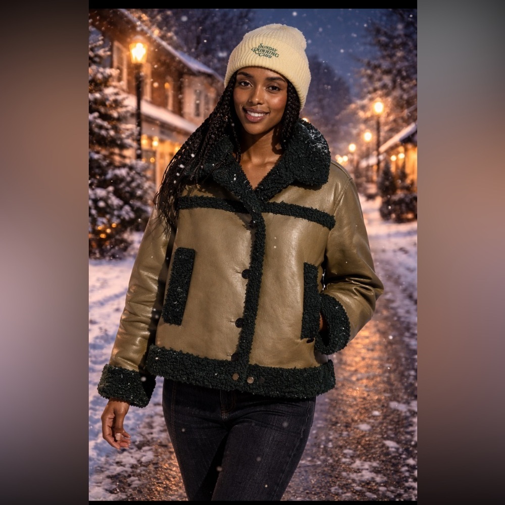 Scotch & Soda Anthropologie Nwt Faux-Shearling Vinyl Aviator Jacket Size L.